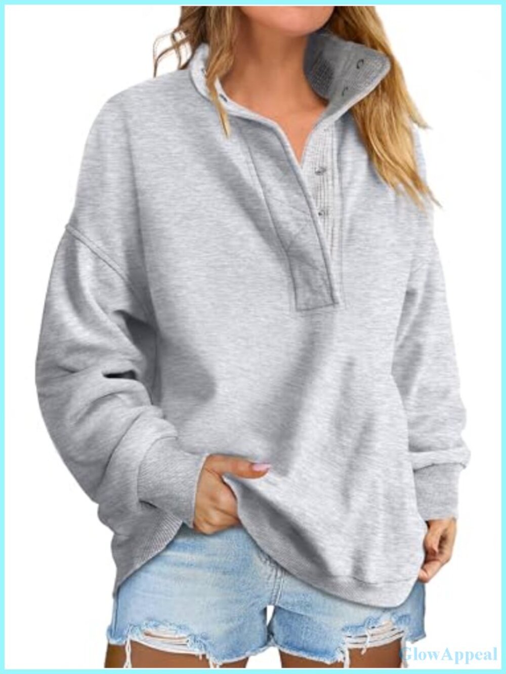 Oversized Mock Neck Henley Sweatshirt Drop Shoulder Loose Pullover
